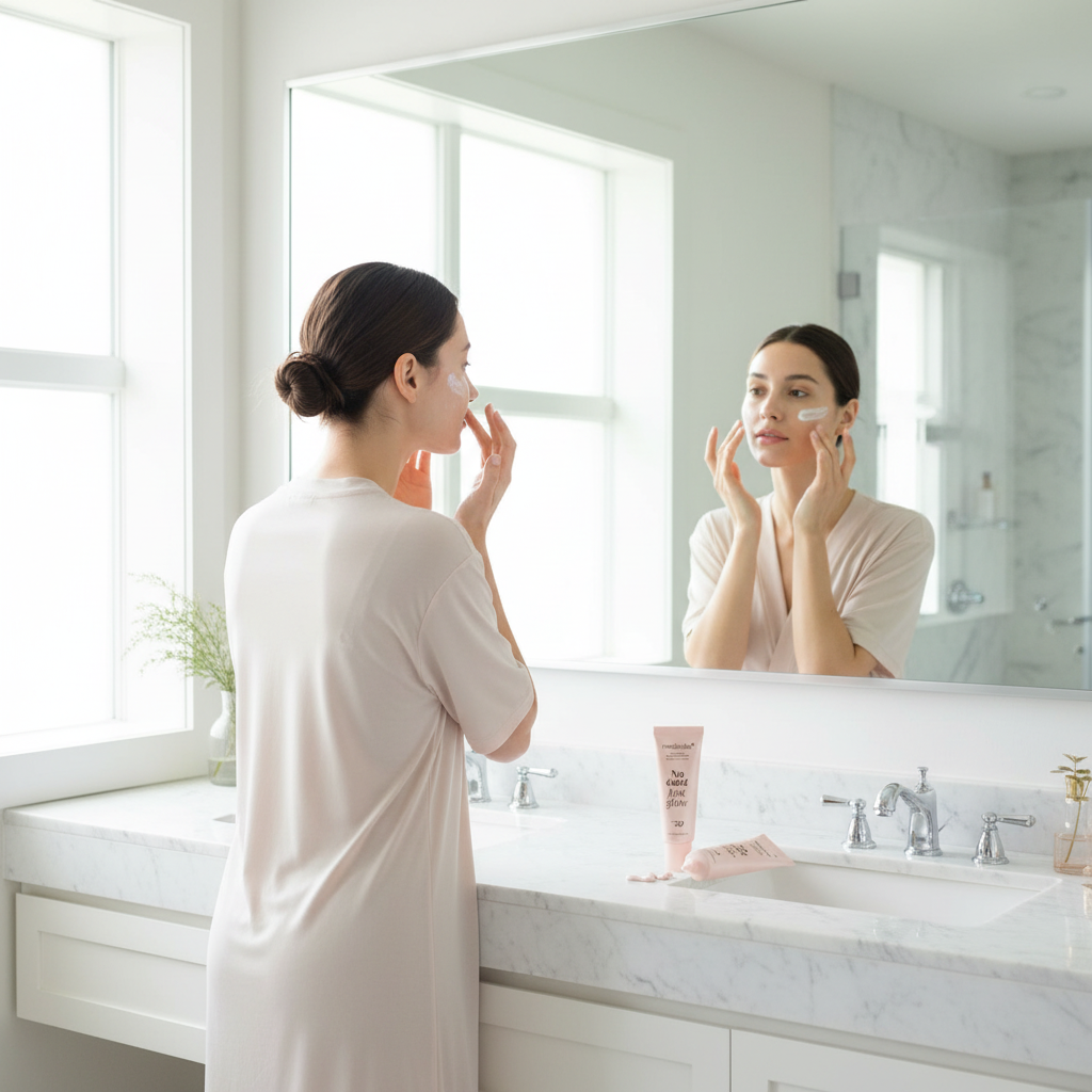 Mujer aplicando SPF 50 - Espejo