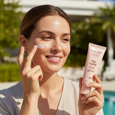 Mujer aplicando SPF 50 - Formato cuadrado